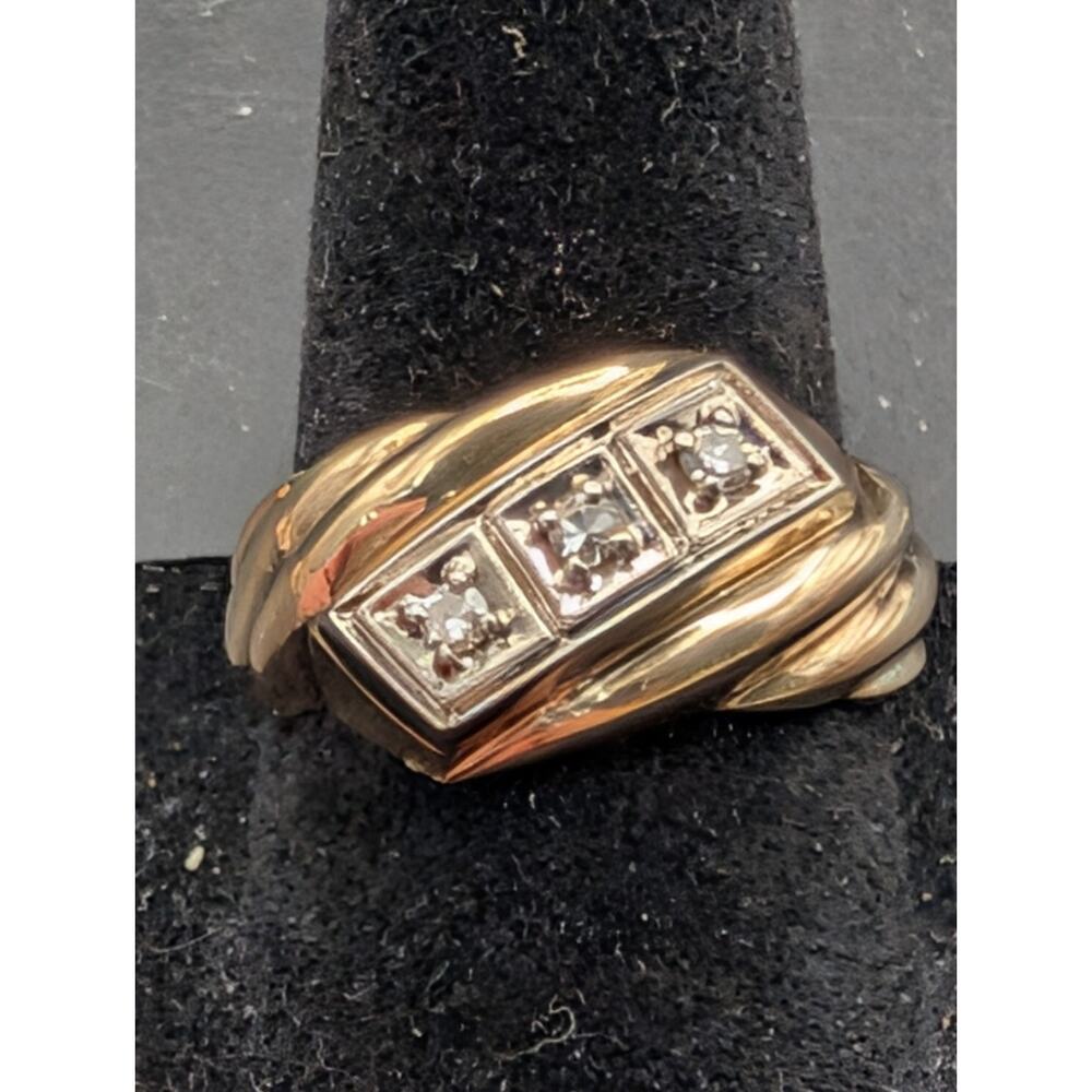 Vintage UDKO 10K Yellow Gold Diamond 3-Stone Ring Size 8.5 Mid-Century 4.64g